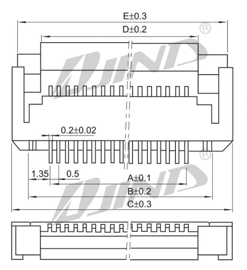 0.5mm G型 FPC 连接器 尺寸图