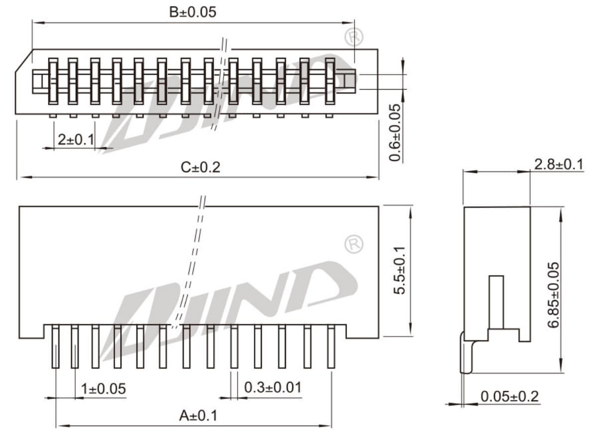 1.0mm 直插式 FPC 连接器 侧视图